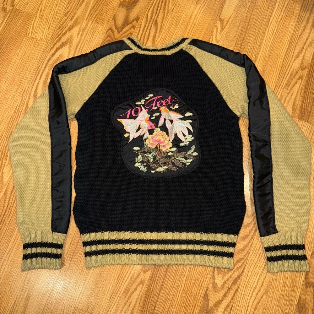 10 Feet Amsterdam‎ Full Zip Bomber Style Sweater Black Tan Wool Blend size Small